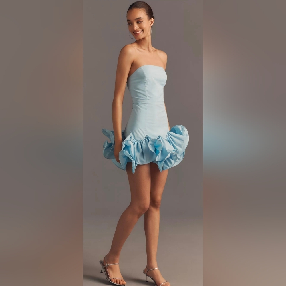 Anthropologie Maeve Strapless Light Blue Ruffle Mini Dress - Picture 2 of 5